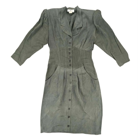 jonathan martin Dresses & Skirts - Vintage Jonathan Martin Olive Green Button Front Corset Waist Puffy Sleeve Dress